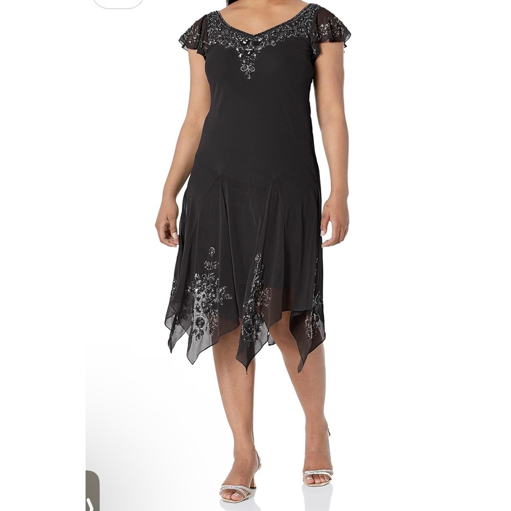 J Kara Women Black Beaded Sequin Handkerchief Hem Cocktail Dress Size 16
